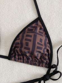 2件套随机印花撞色滚边时尚女士比基尼沙滩泳衣套装，三角挂脖露背系带设计，优雅性感，适合海滩度假和日光浴。 - 黑色棕色 - 查看 4