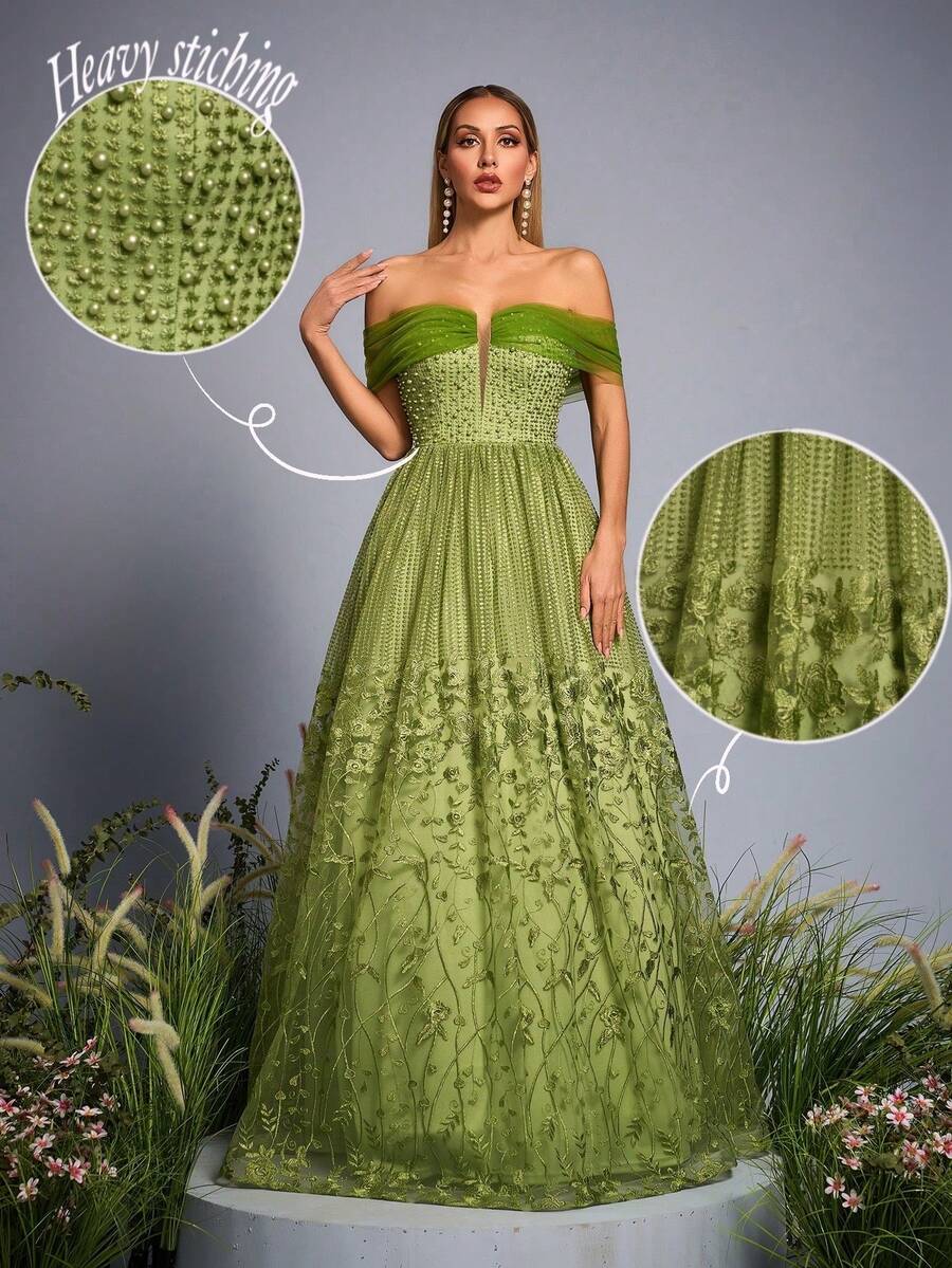 Anpoket,New Arrival,St Patrick Day,Off Shoulder,Heavy Stitching,Pearls Beaded,Romantic Embroidery,Bridesmaid Dress,Gown Dress,Long Dress - Green - View 1