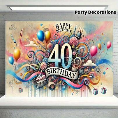 2D平面单片面板，40岁生日梦幻涂鸦庆典背景装饰，适用于房间、花园、拍照道具 - 家居装饰、派对横幅装饰的理想之选