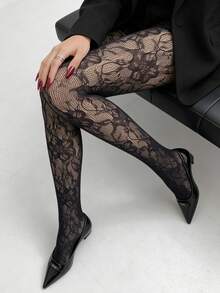 1 buc dresuri vintage franceze cu buchet de trandafiri florali, model de plasă, colanți sexy negri scobiți pentru femei - Negru - Vizualizare 5