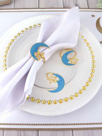 6pcs Blue Star & Moon Napkin Rings, Suitable For Holiday Party Table Decoration, Banquet Napkin Holders