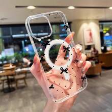 Un estuche rígido duradero con un diseño simple de lazo en blanco y negro, mejorado para resistencia a los golpes y equipado con un anillo magnético que permite la carga inalámbrica, compatible con varios modelos de , incluyendo 17, 16, 15, 14, 13, 12, 23. - Estilo 1 (1 pieza) - Ver 2