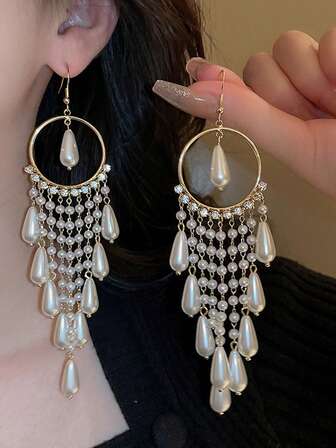 1 Pair Exaggerated Cubic Zirconia Hoop & Teardrop Faux Pearl Tassel Earrings, Elegant & Versatile