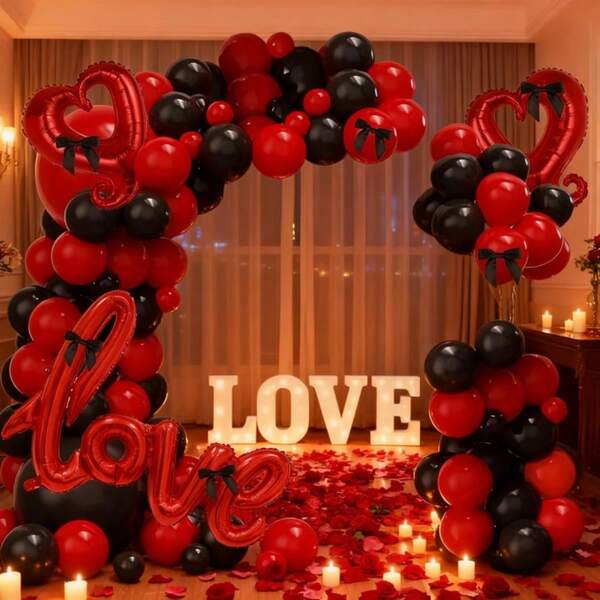 103 pezzi Kit per arco di palloncini di San Valentino nero e rosso - Palloncini a forma di cuore rosso in foil con fiocchi di nastro nero, per feste di San Valentino, proposte, matrimoni, decorazioni per compleanni
