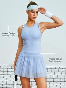 Leorrey 1 Set Women's Fashion Round Neck Padded Camisole, Pleated Anti-Flashing Undershirt With Pocket, Tennis Outfit