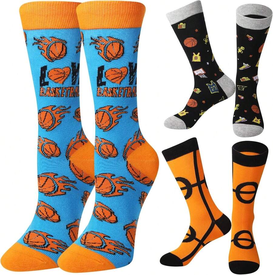 Coume 3 Pares de Calcetines Deportivos Divertidos para Fútbol ​ ​ baloncesto Fútbol ​ ​ voleibol Softbol ​ ​ para Videojuegos Regalos para Mujeres y Hombres(Estilo de Baloncesto,Naranja, Negro) - 1 - Ver 1
