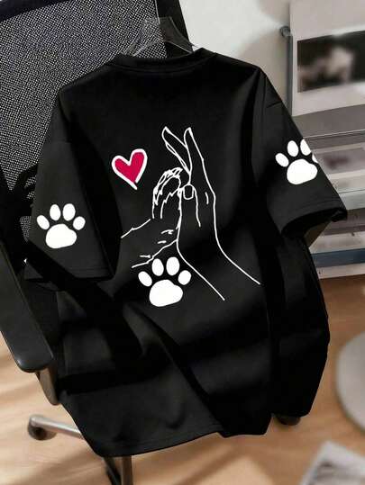 Plus Size Women's Casual T-Shirt With Dog And Heart Paw Print, T-Shirt , Animal Print, Spring And Summer,Suitable For Daily Wear, Going Out, Party, School, Attending Music Festivals, Vacation, Commuting. Can Be Given As A Gift To Family, Boyfriend,Girlfriend, Friends,Girls Summer Clothes