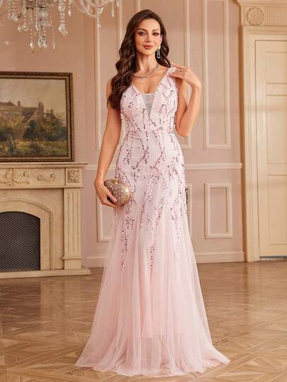 yanchunxier Đầm ôm sát không tay cổ chữ V sâu, chất liệu vải dệt kim, đính sequin lấp lánh, chân váy xòe bằng lưới sequin, thích hợp làm đầm dự lễ Phục Sinh, đầm dạ hội, đầm hè, đầm dự tiệc cưới, đầm đen dự tiệc.