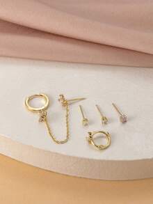 5 pièces Ensemble de boucles d'oreilles simples pour femmes avec fleur, papillon et gland ornés de zirconium, mode et raffiné - Or jaune - Voir 4