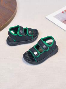 1 Pair Unisex New Style PU Hook And Loop Design Flat Cute Sandals, Soft Bottom Non-Slip Children Beach Shoes, Suitable For Summer - Black - View 6