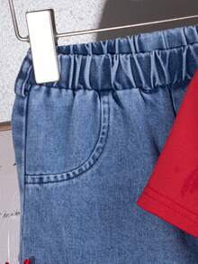 Conjunto de camiseta con estampado de mariposa y pantalones anchos con decoración de mariposa para niñas, conjunto de moda de verano - Rojo - Ver 5