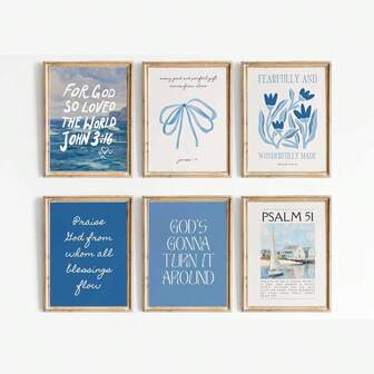 6 Pcs Coastal Christian Wall Art Blue Scripture Quote Wall Decor Pictures Coastal Religion Aesthetics Posters Prints For Living Room Bedroom Home Decorations Unframed
