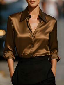 女士优雅通勤缎面经典衬衫，纯色缎面面料，不透明，亲肤柔软，易于打理，适合商务或正式场合穿着，四季皆宜。 - 咖啡棕 - 查看 8