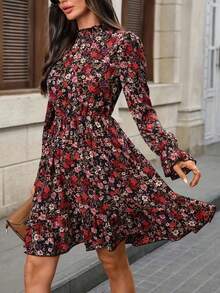 Kleid mit Blume Muster, Boho-Stil, Rüschensaum, Langarm - Schwarz - Übersicht 3