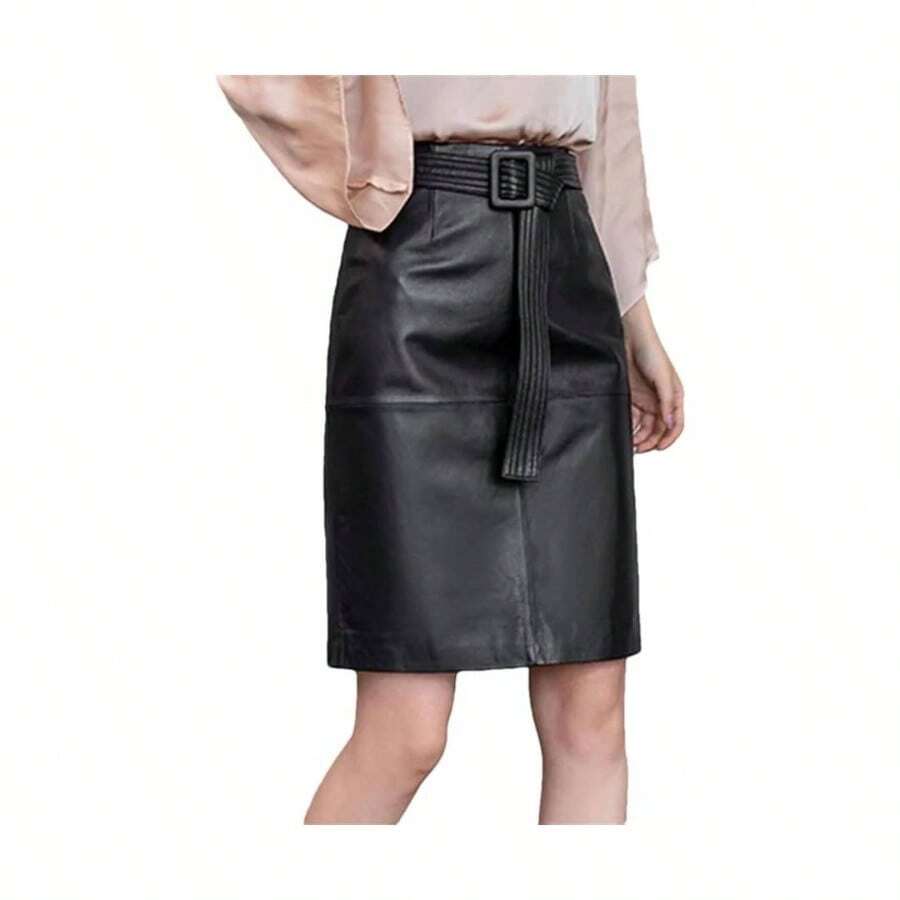 Falda de piel autntica con cordones para mujer, de piel de oveja slida, longitud a la rodilla con cinturn de puntadas limpias, falda cruzada - M Corto + negro - - Ver 1
