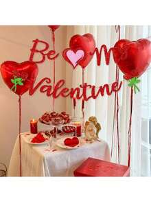 2pcs Heart-Shaped Rose Pull Flags, Valentine's Day Party Banner Hanging Decor, Glitter Rose Flower Decorations, Valentine's Day Atmosphere Decor, Event Party Decorations, Home Decor