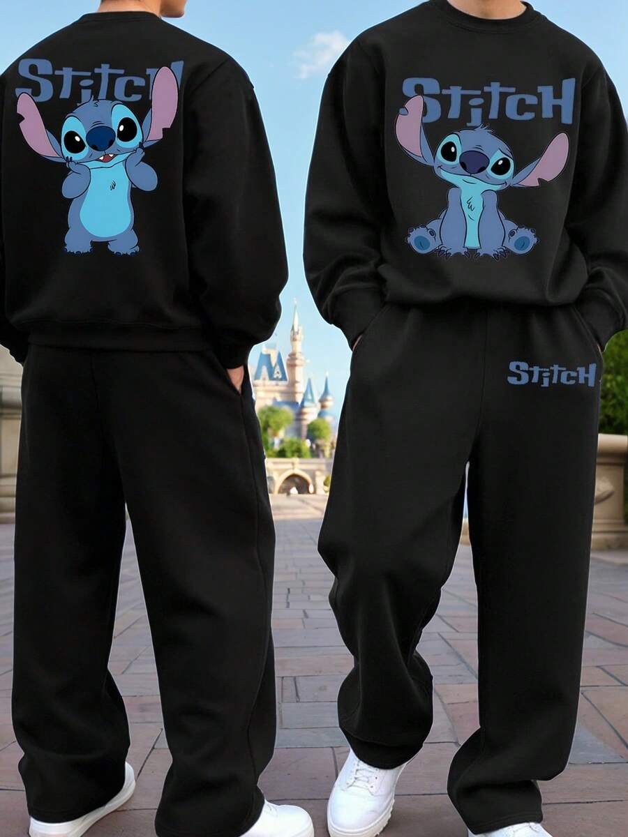 Disney مجموعة من قطعتين: بلوزة رجالية بطبعة خياطة وبنطال واسع، طقم ملابس بطراز الشارع، هدية للحبيب/الزوج، هدية للذكرى السنوية، بلوزة - الأسود - مشاهدة 1