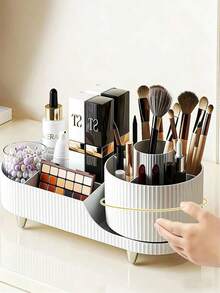 1pc 360° Rotating Makeup Brush Holder, Multi-Functional Desktop Organizer With Compartments, Large Capacity, Can Store Makeup Brushes, Lipsticks, Skincare Products, Jewelry, Pens, Vanity Organizer Box, Gift For Girlfriend/Friend On Holidays - Multicolor - View 3