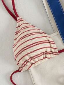 PEPPERMOLLY 新款柔软条纹毛巾布可调节肩带交叉露背性感比基尼套装，女士夏季沙滩时尚泳装度假装 - 紅棕色 - 查看 4