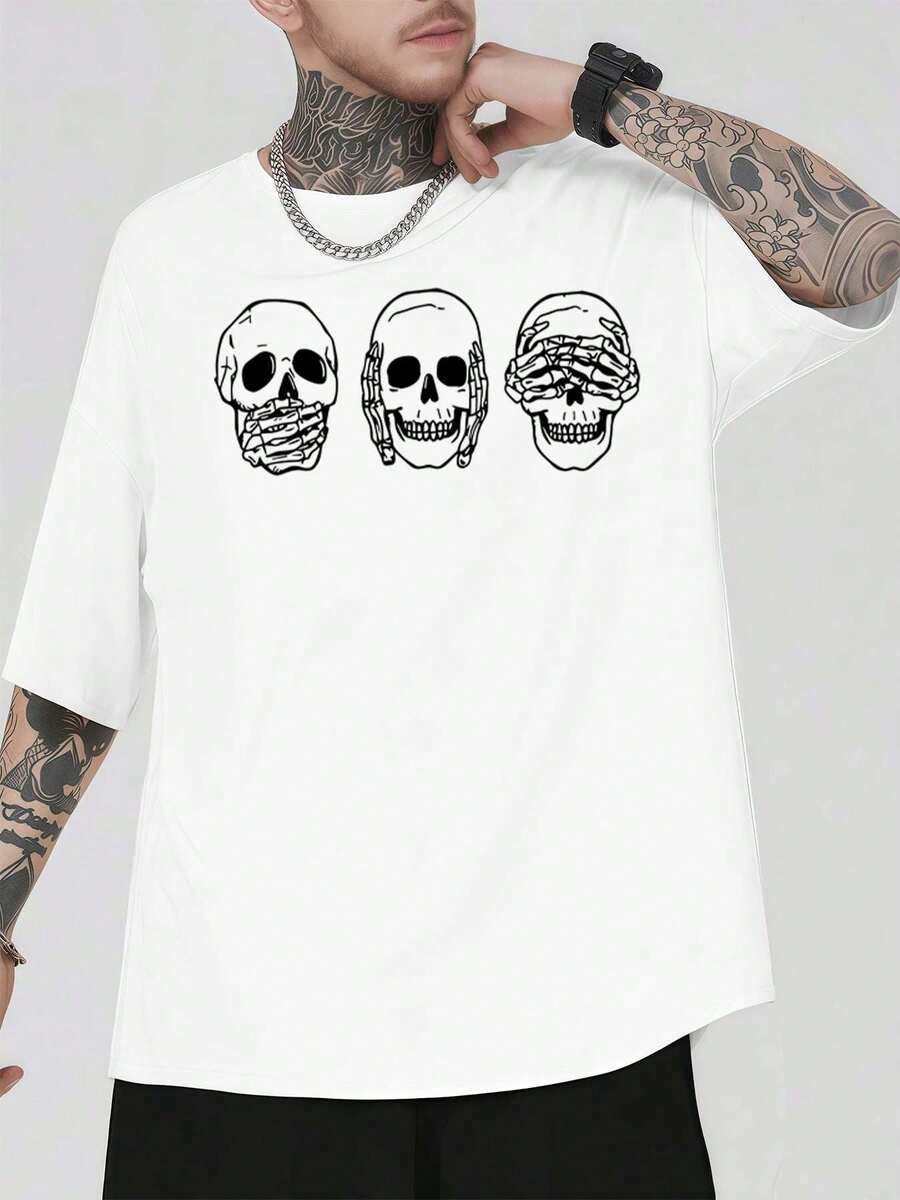 T-shirt à trois têtes de mort, automne, coton doux, col rond, coupe ample, confortable, style street hip-hop - Blanc - Voir 1
