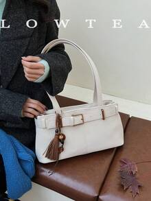 1 Túi đeo vai vải da lộn trơn màu Low Tea, Túi đeo vai vuông thời trang cổ điển dành cho nữ có quai xách đôi, Khóa kéo, Thích hợp cho du lịch, mua sắm, hẹn hò, làm quà tặng cho phụ nữ, Tuyệt vời khi đi làm, ngoài trời, du lịch, đi bộ đường dài - trắng - Xem 4