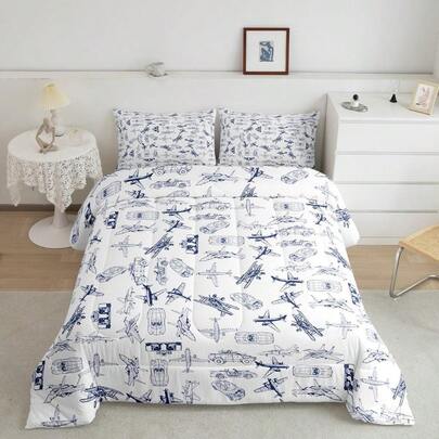 Aircraft Bedding Set Airplane Print Comforter Set Boys Girls Decor Aircraft Flying Comforter Cover Set Microfiber Sketch Style Blue White Duvet Set Bedroom Quilt Set Full Size