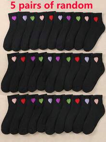 20 Pairs Heart Embroidered Kids Ankle Socks - Boys & Girls Casual Valentine's Day Socks, Black And Other Colors - Black - View 18