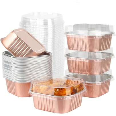 50 moldes de pastel de horneado de aluminio desechables con tapa pueden ser hornos de microondas respetuosos con el medio ambiente en varios colores.
