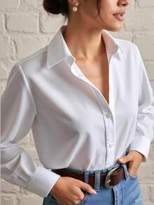 Camisa de manga larga para mujer para exteriores, estilo minimalista básico, diseño de hombros regulares - Estilo casual de negocios, académico, de transporte, primavera - Blanco - Ver 7