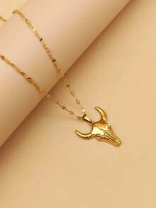 1件18K镀金不锈钢个性化嘻哈街头项链，复古不锈钢牛头骨吊坠项链，男女通用动物魅力西部牛仔嘻哈饰品 - 金黃色 - 查看 8