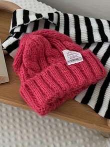1pc Women's Candy Color Autumn/Winter Cable Knit Beanie Hat, Warm & Windproof, Fashionable Versatile Unisex Style - A - View 4