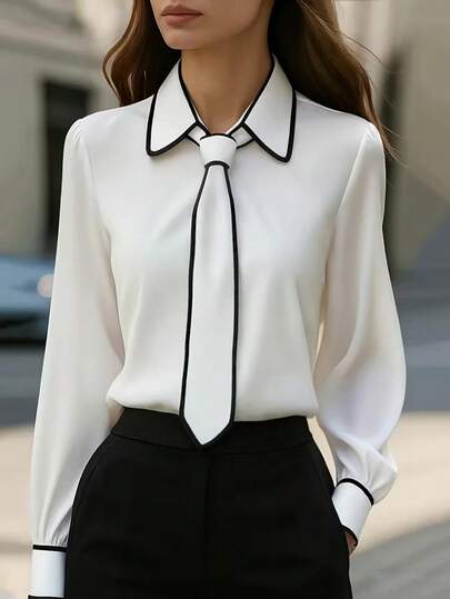Women's Color-Block Long Sleeve Shirt With Knot Detail, Contrast Trim & Shirt Collar – Office Commute Casual Top For Spring, Summer, Fall, Winter