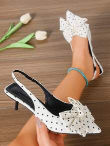 2026夏季波点蝴蝶结尖头细跟凉鞋，女士闭趾高跟凉鞋，带踝带 - 白色 - 查看 2