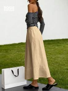 ROSIE POPHUB 女士卡其色休闲百搭A字裙，优雅学院风，适合音乐节、婚礼季、户外活动，春夏秋冬皆宜。 - 卡其色 - 查看 8