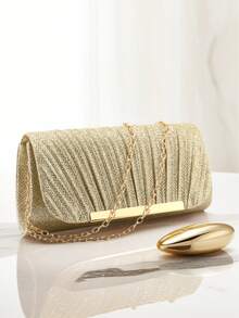 Elegant Ruched Square Bag With Metal Decor Flap Bag Glamorous Glitter Evening Bag For Wedding For Banquet - Gold - View 7