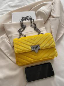 Bolso de hombro de unicolor, de moda y elegante, con estilo vintage impreso, cartera con solapa, bolso cruzado de PU, para uso diario de mujer - Amarillo - Ver 8