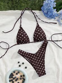 ROMWE Avant Bộ bikini PEPPERMOLLY mới, mềm mại, có đệm mút, họa tiết chấm bi xanh trắng, dây mảnh, hở lưng, gợi cảm, thích hợp cho các bữa tiệc mùa hè, đi biển, nghỉ mát dành cho nữ. - Trắng nâu - Xem 3