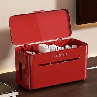 Caja grande de gestión de cables con divisores y tapa - Organizador de cables de escritorio de plástico con toma de corriente, caja de almacenamiento de cables de gran tamaño para adaptadores USB-C/de alimentación, adecuada para el sistema de cableado del escritorio de la oficina