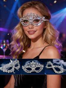 Premium Alloy Rhinestone Mask, Shiny Crystal Masquerade Mask For Venetian Carnival, Halloween, Christmas And Other Festival Parties - Silver - View 2