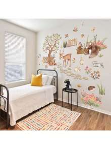 Autocolante de perete cu tematică de pădure, cu animale de desene animate, copaci și grădini, o temă distractivă și naturală, potrivite pentru decorarea camerei de zi, a dormitorului, a pereților, a casei și decorațiuni imaginative. Decor autoadeziv pentru casă. - Multicolor - Vizualizare 4