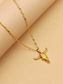 1件18K镀金不锈钢个性化嘻哈街头项链，复古不锈钢牛头骨吊坠项链，男女通用动物魅力西部牛仔嘻哈饰品 - 金黃色 - 查看 12