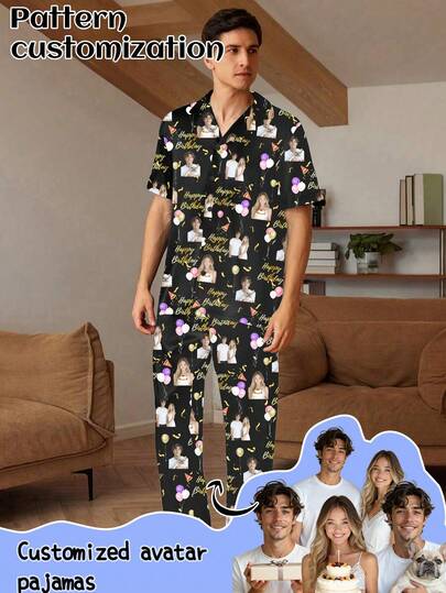 Customized Men's Short Sleeve Cardigan Pajama Set, Can Print Any Pattern, Personalized Pajamas With Photos, Funny Customized Images Comfortable Sleepwear. Suitable For Valentine's Day, Birthday, Gifts And Other Occasions, Personalized, Colorful, Cute, Witty, Unique, Exclusive, Ideal Boyfriend Gift, Suitable For Boyfriends, Family, Friends, Elders, Fashionable For Autumn, Holiday Parties