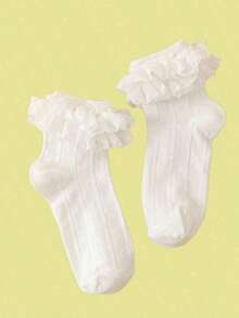 1 Pair Solid Color Cute Pleated Ruffle/Frill Ankle Socks, Versatile & Adorable For Everyday Wear At Home - White - View 6