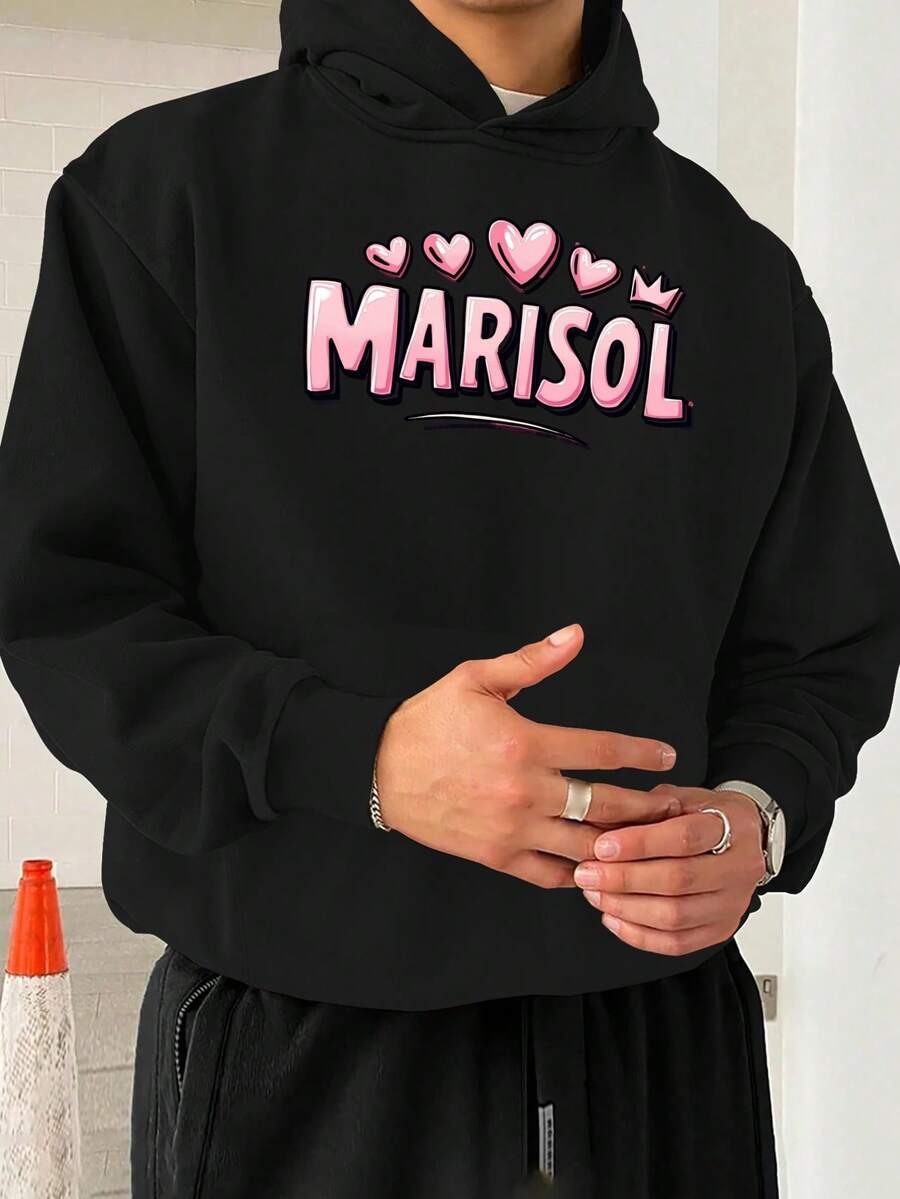 Chaqueta con Capucha Oversized para Hombre Marisol Rosa - Estampado de Letras y Corazones, Sudadera Negra con Impresión MARISOL en Relieve, Corte Holgado Casual Streetwear, Lavable a Máquina Tallas Grandes, PLUS SIZE - Oscuro - Ver 1