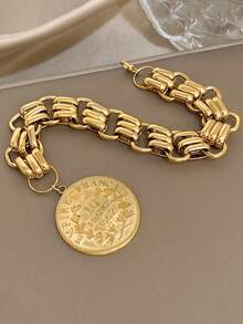 1件18K镀金不锈钢奢华复古拿破仑硬币粗链手链，女士适用，妈妈礼物，圣诞节嘉年华冬季珠宝，婚礼狂欢/舞会/派对/日常配饰，周年纪念日情人节波西米亚风珠宝生日伴娘礼物 - 彩色 - 查看 6