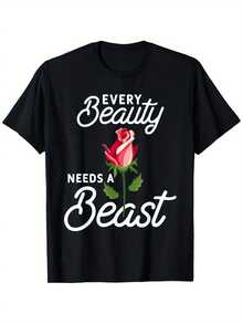 His And Her 'Every Beauty Needs A Beast' Matching Pure T-Shirt- Casual Black With Red Rose Design, Suitable For Couples,, Comfortable For All Seasons - Black - View 2