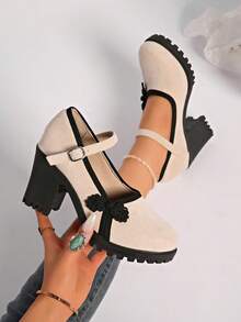 Teenage Girls' Mary Jane Shoes, Thick Heel Cheongsam Shoes With Chinese Button Design, Beige High Heel Shoes, Elegant And Comfortable Black High Heels, Suitable For Outdoor Casual, School, Banquet, Birthday, Festival, Party And Other Occasions - Beige - View 2