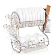 Double-layer dish rack, chrome plated, with utensil holder and drip tray, kitchen organizer - Plateado - Ver 2