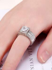 Luxury Square Cubic Zirconia Ring Set, Women's Wedding Party Jewelry, Ideal Gift For Lover Or Mother - Silver - View 3