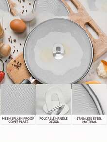 1/3pcs Set Stainless Steel Frying Pan Splash Guard, Foldable Handle Grease Lid, Mesh Oil Splash Cover, Suitable For Kitchen Cooking And Dining - Multicolor - View 8